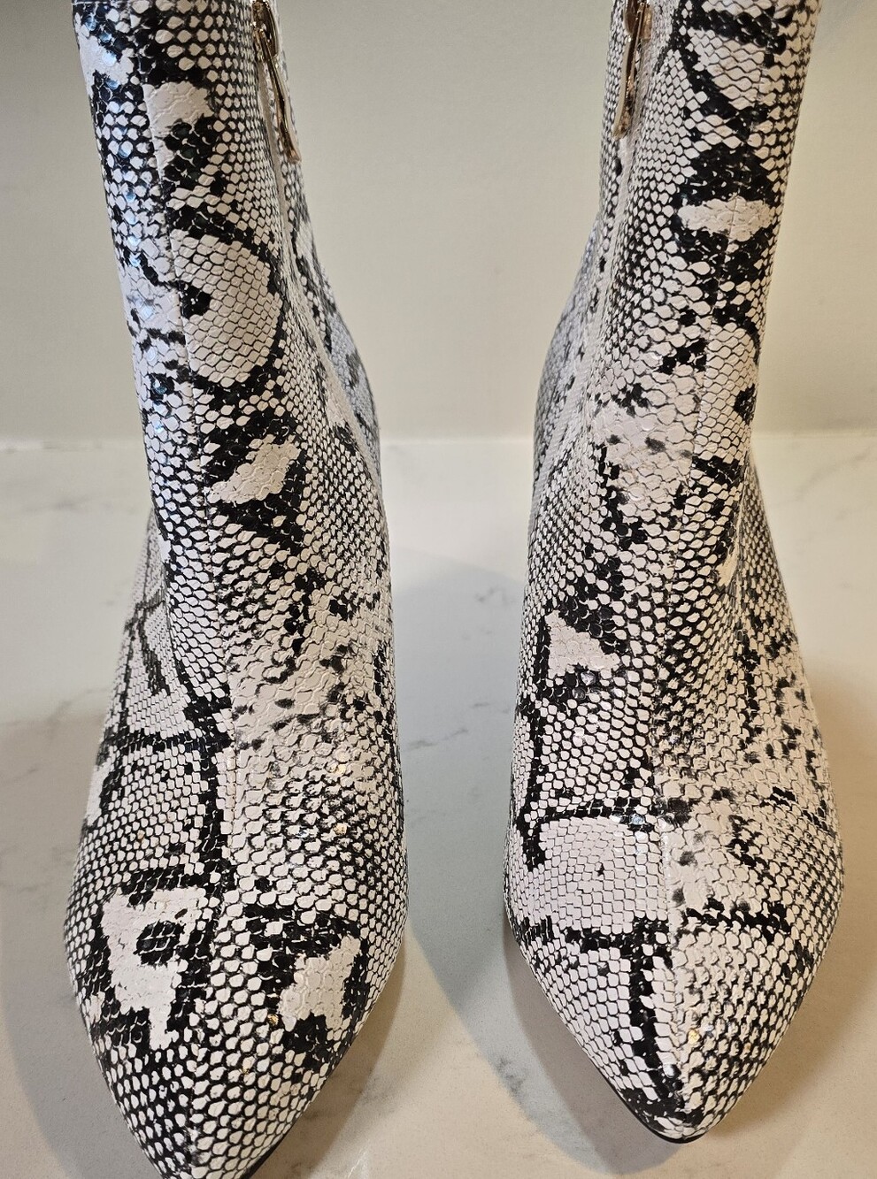 Wet Kiss Black & White Snake-Print Pointed Toe Ankle Boots